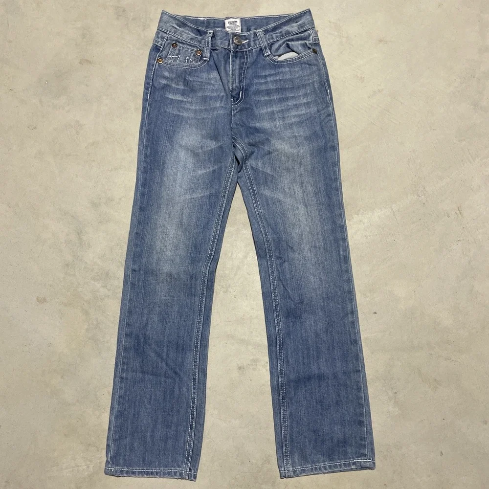 True Religion Billy Super T Jeans Boys Size 14 Med Wash White Contrast Stitch